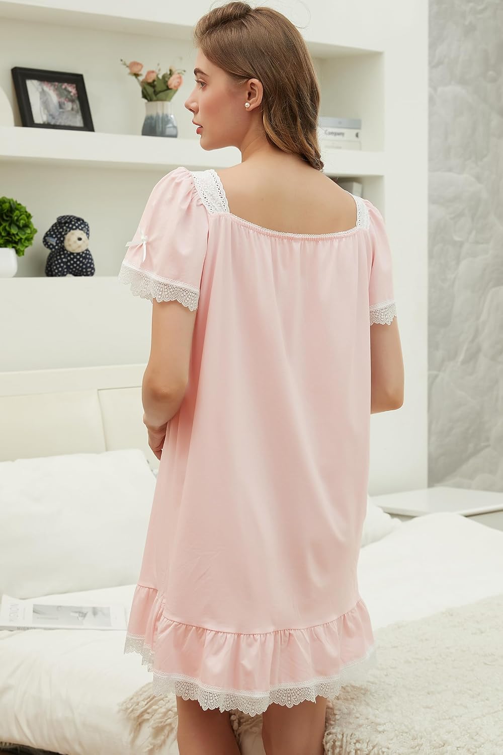 Women Cotton Victorian Nightgown Short Sleeve Nightwear