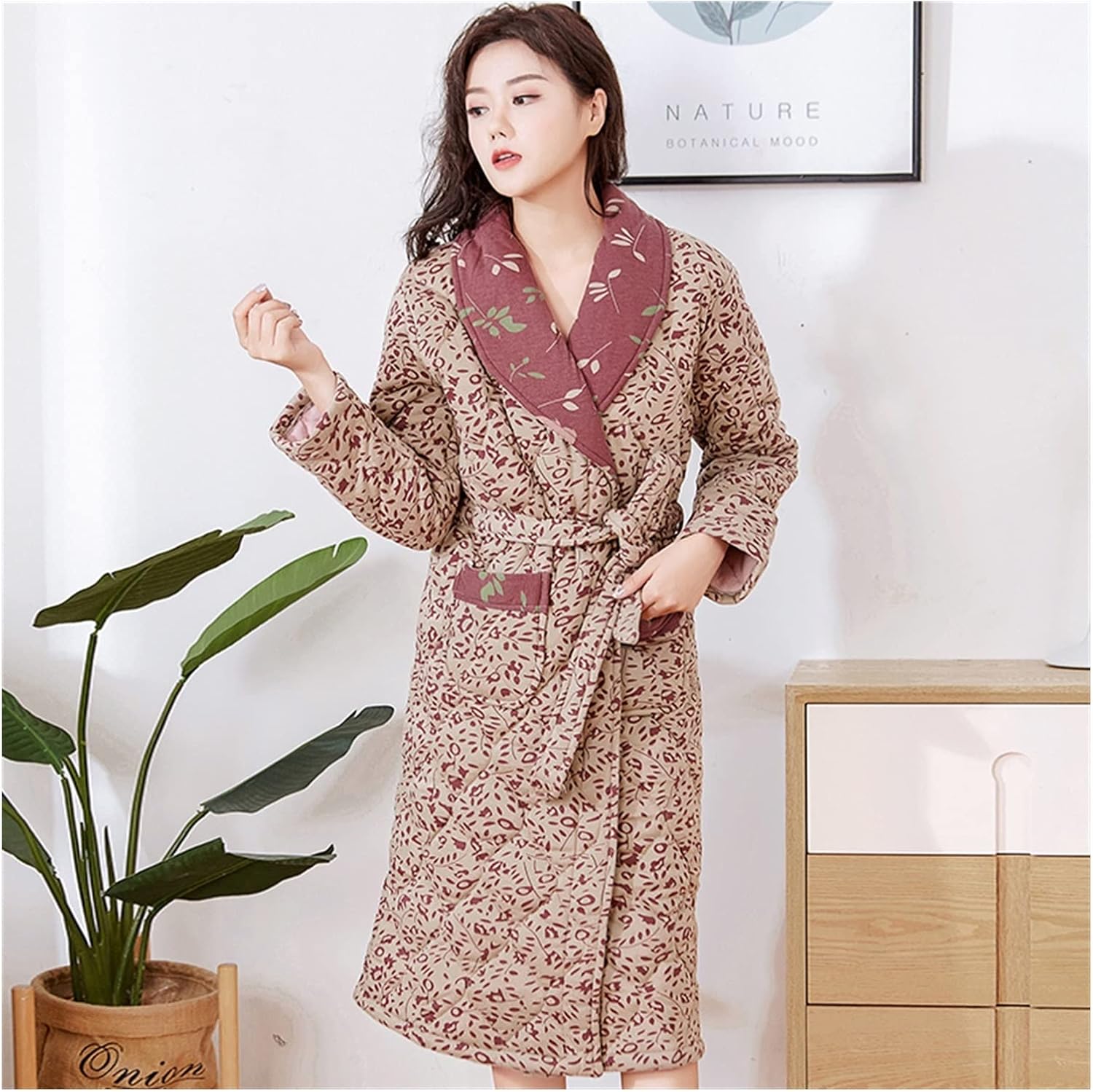 Women's Winter Warm Cotton Quilted Bathrobe Kimono Floral Dressing Gown