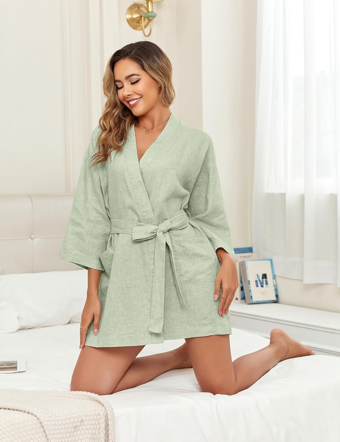 Women's Lightweight Linen Kimono Robe with Pockets Short Bathrobe