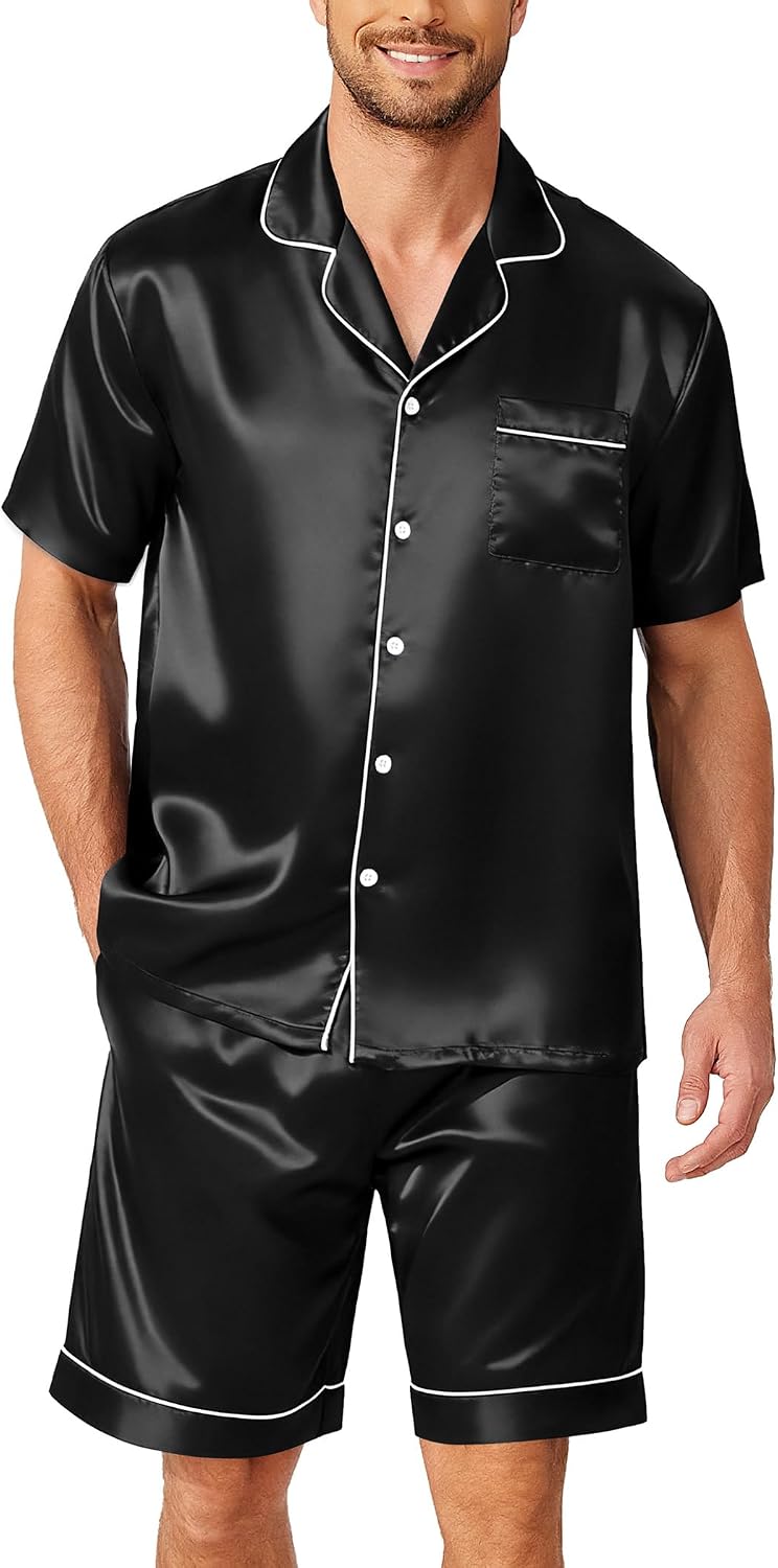 Men’s Satin-Finish Button-Down Pajama Set with Pockets