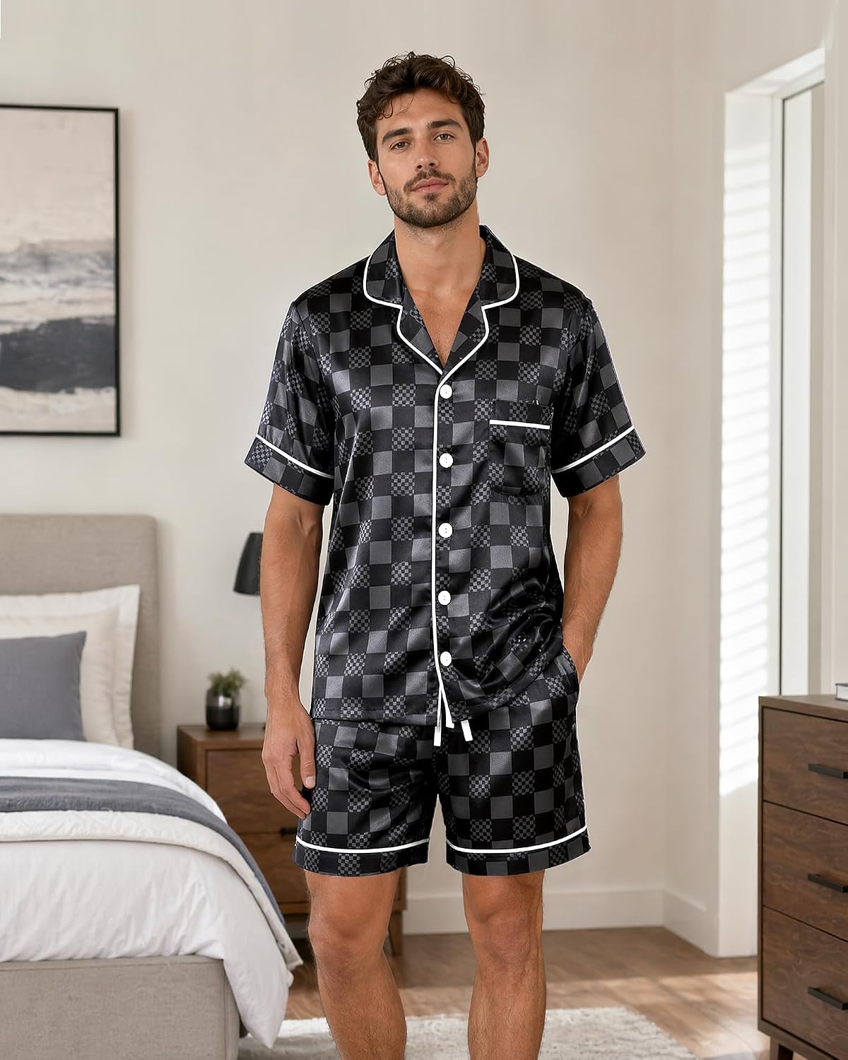 Men’s Summer Satin-Finish Button-Down Pajama Set