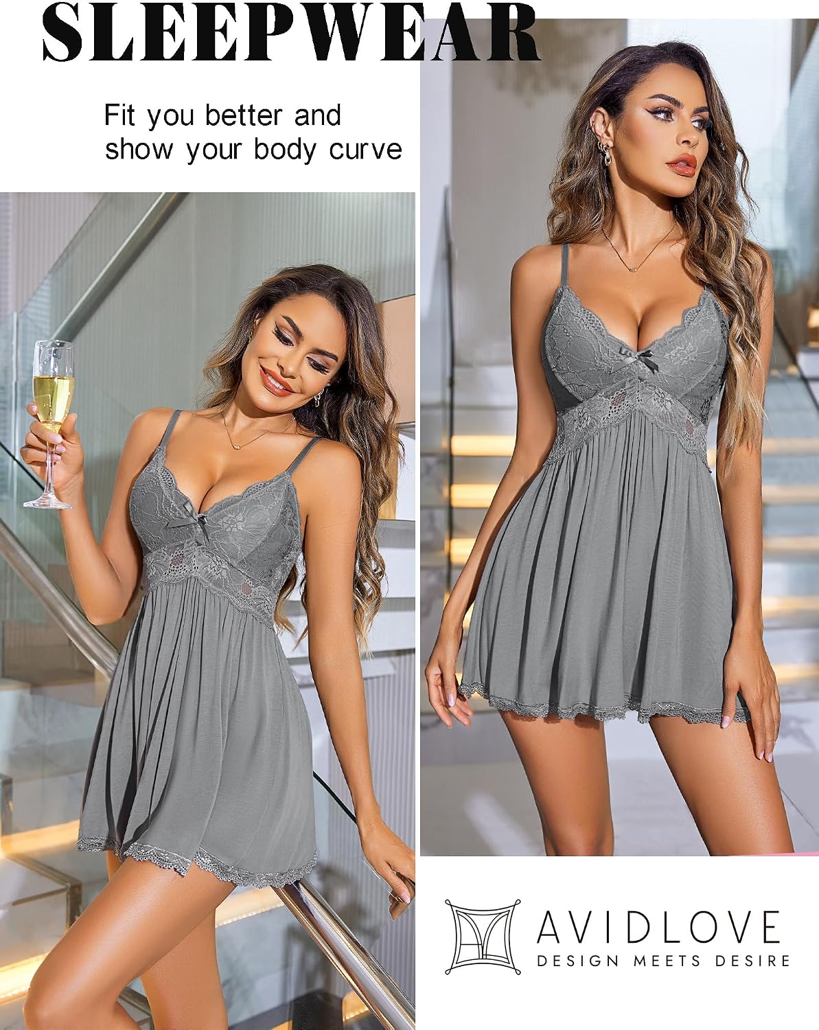 Women’s Lace-Trim Modal V-Neck Slip Dress