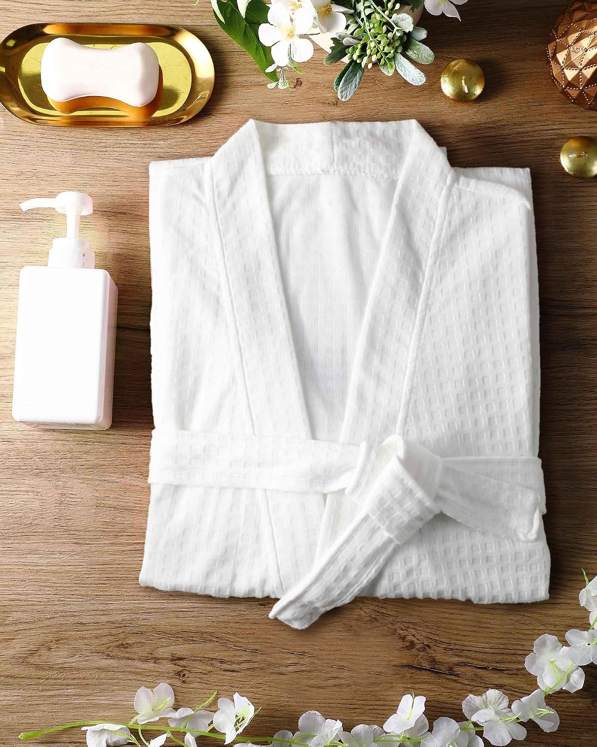 Women's Waffle Knit Spa Robe Kimono Style Lightweight Quick Dry with Belt