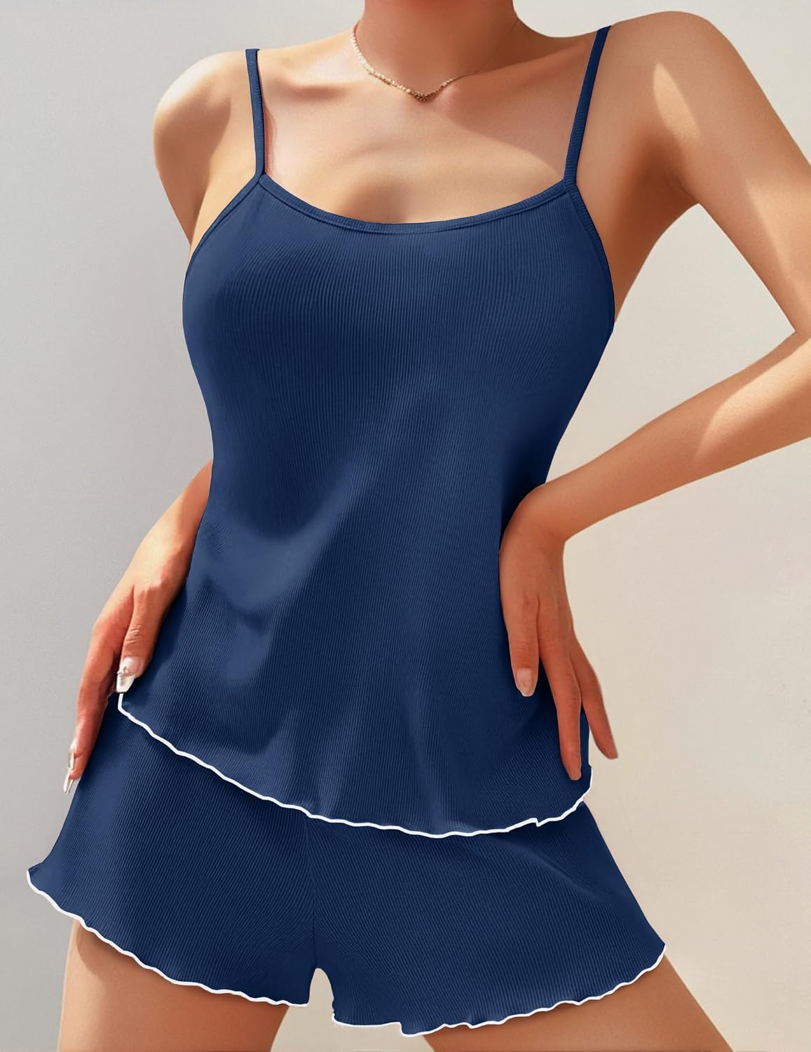 Womens Ribbed Knit Cami Pajama Set Tank Top and Shorts