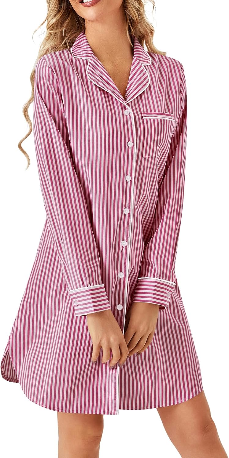 Women Cotton Striped Nightgown V Neck Long Sleeve Button Down Women Cotton Striped Nightgown V Neck Long Sleeve Button Down