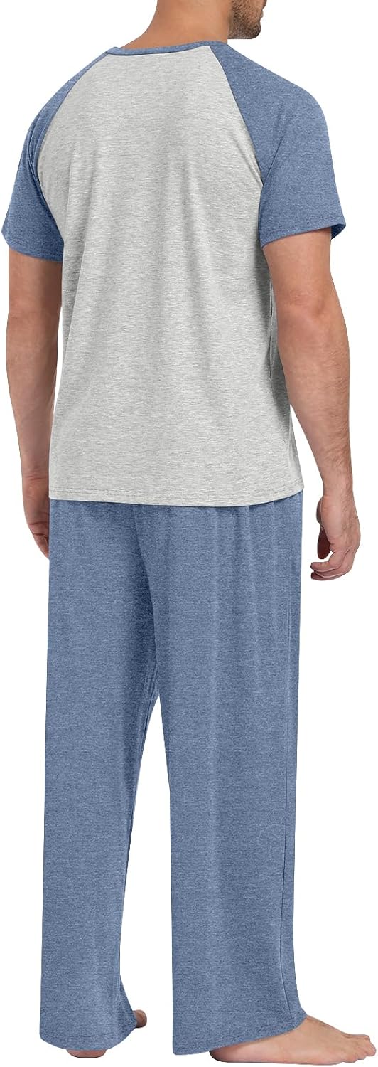 Mens Pajamas Set Lightweight Loungewear Short Sleeve Top and Pants Sleepwear