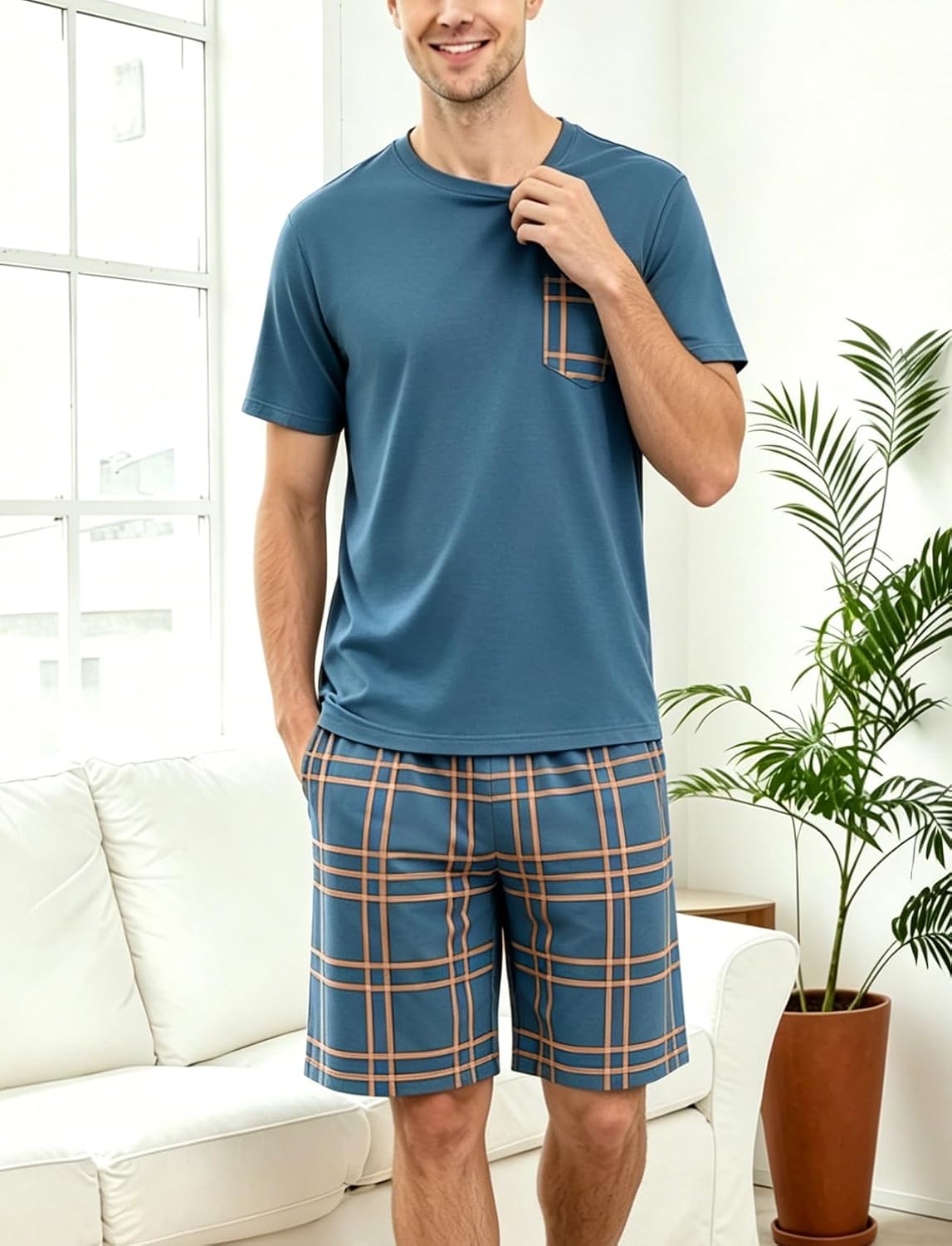 Mens Pajama Set Summer Sleepwear Short Sleeve Plaid Shorts with Pockets
