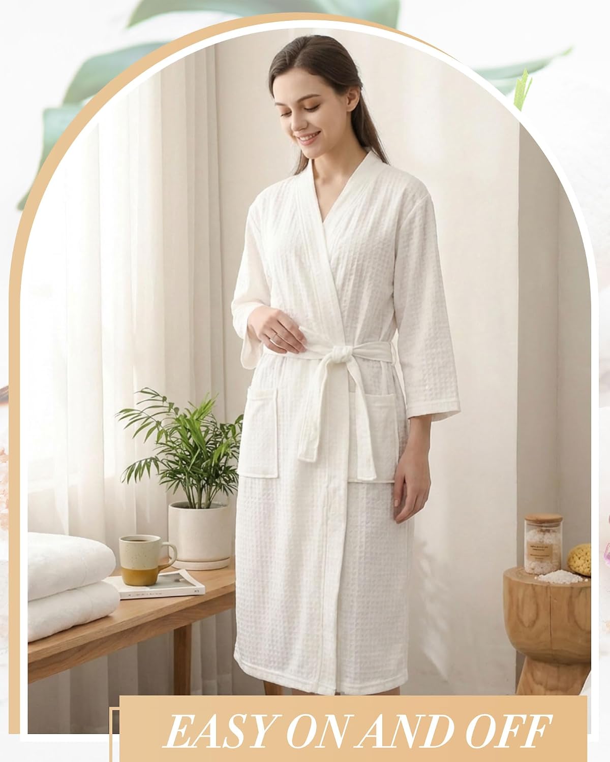 Women's Waffle Knit Spa Robe Kimono Style Lightweight Quick Dry with Belt