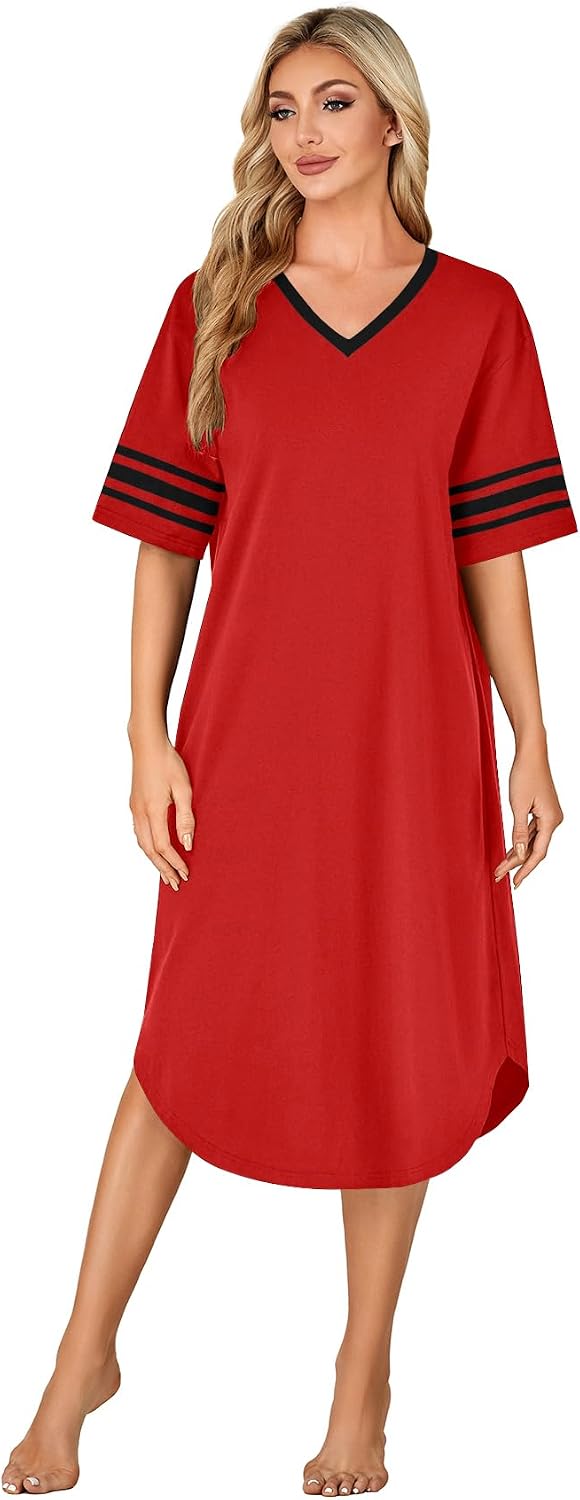 Women V Neck Short Sleeve Nightgown Sleep Shirt Loungewear