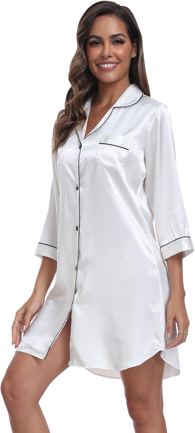 Women Satin Classic Button Down Nightgown Sleep Dress