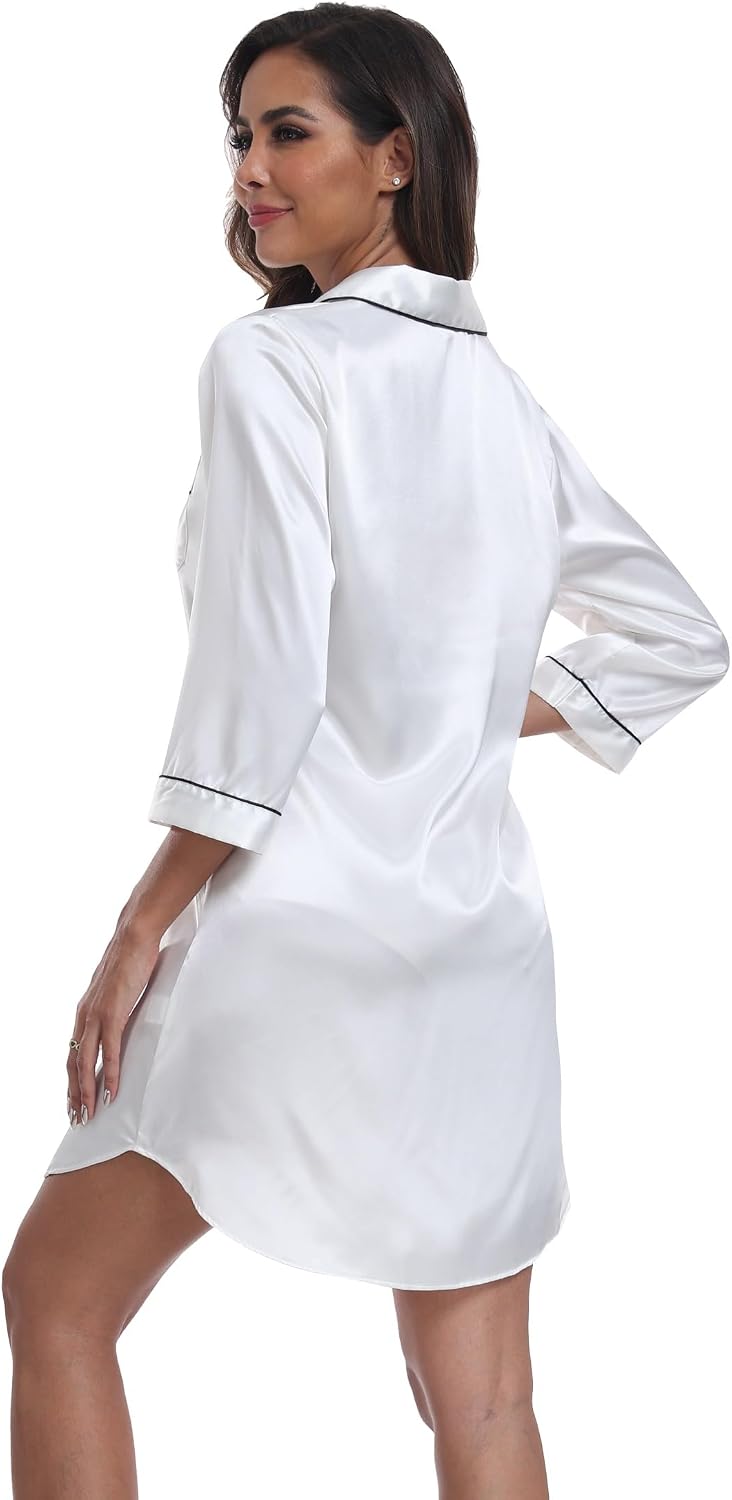 Women Satin Classic Button Down Nightgown Sleep Dress