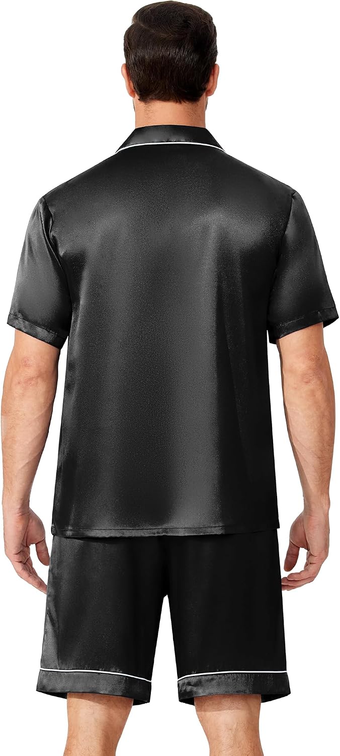 Men’s Satin-Finish Button-Down Pajama Set with Pockets