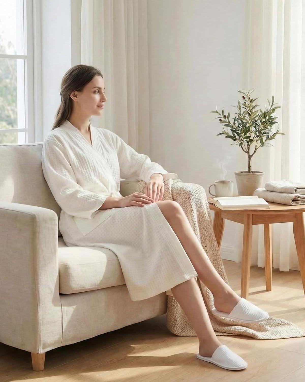Women's Waffle Knit Spa Robe Kimono Style Lightweight Quick Dry with Belt
