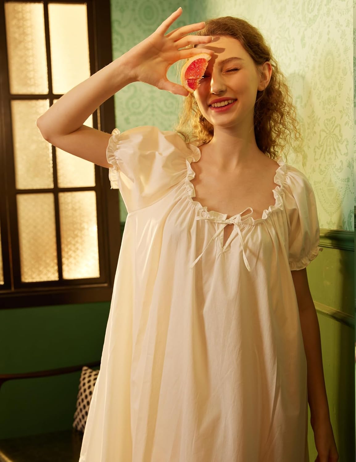 Women Cotton Vintage Victorian Nightgown Short Sleeve Lounge Dress