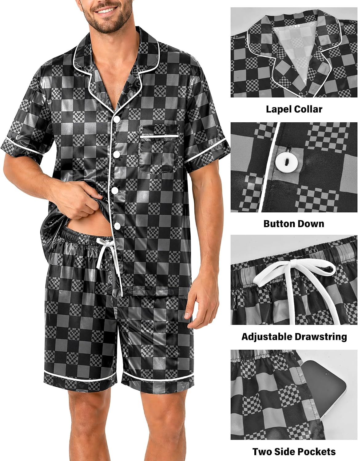Men’s Summer Satin-Finish Button-Down Pajama Set