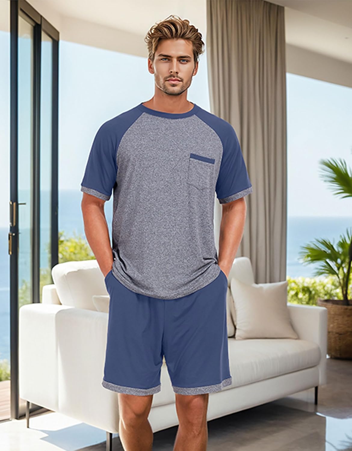 Mens Pajamas Set Lightweight Summer Short Sleeve Sleepwear Loungewear with Pocket