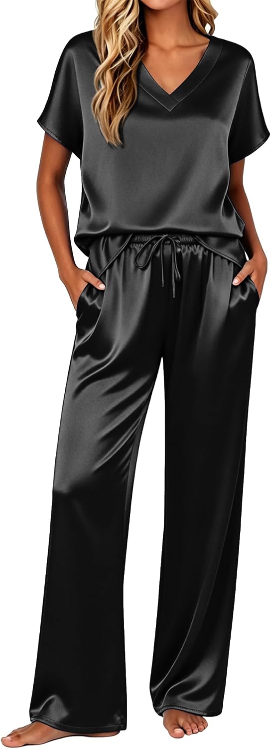 Women’s Satin-Finish V-Neck Pajama Set