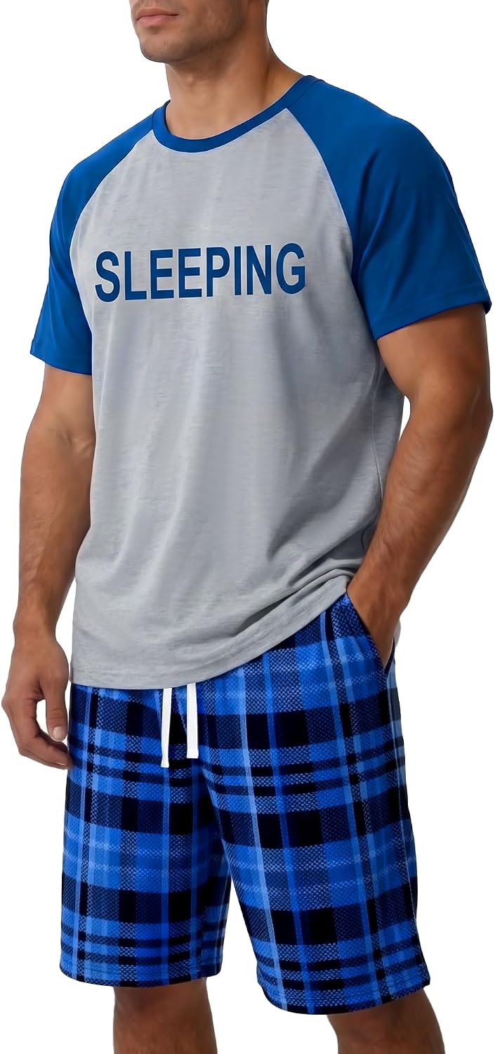 Mens Pajamas Set Soft Short Sleeve Plaid Sleepwear with Pockets