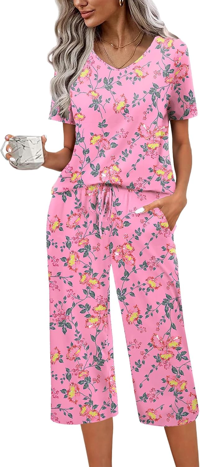 Womens Pajama Sets Soft Cotton Short Sleeve Top with Capri Pants Sleepwear