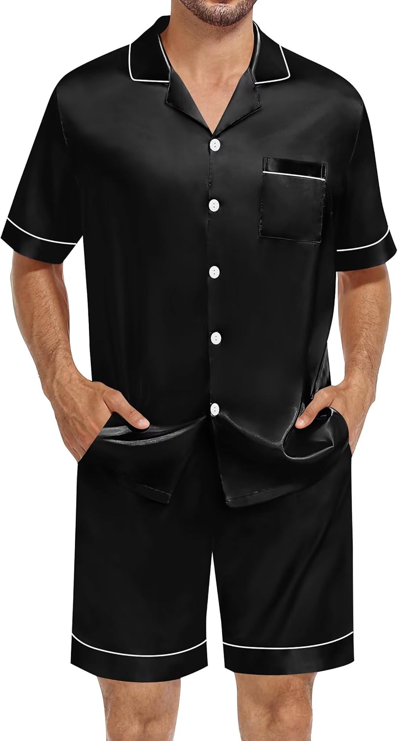 Men’s Satin-Finish Short-Sleeve Pajama Set with Pockets
