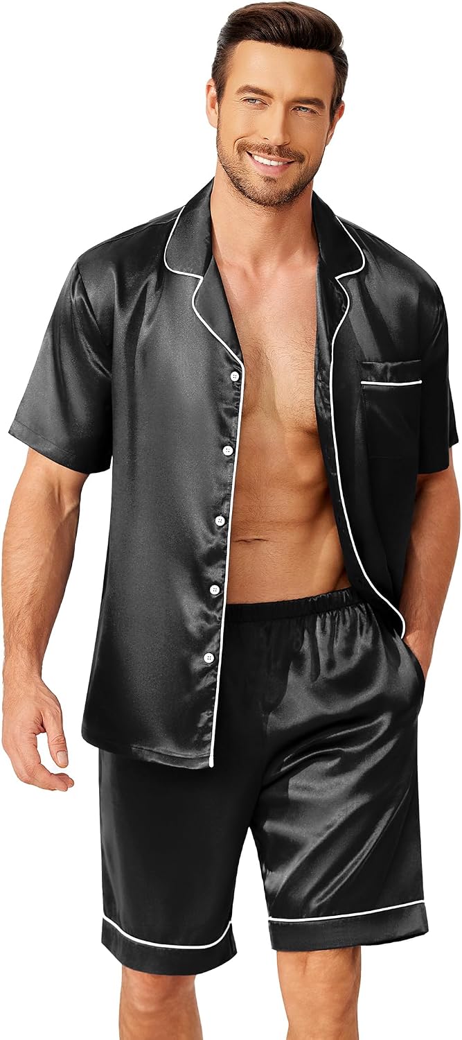 Men’s Satin-Finish Button-Down Pajama Set with Pockets