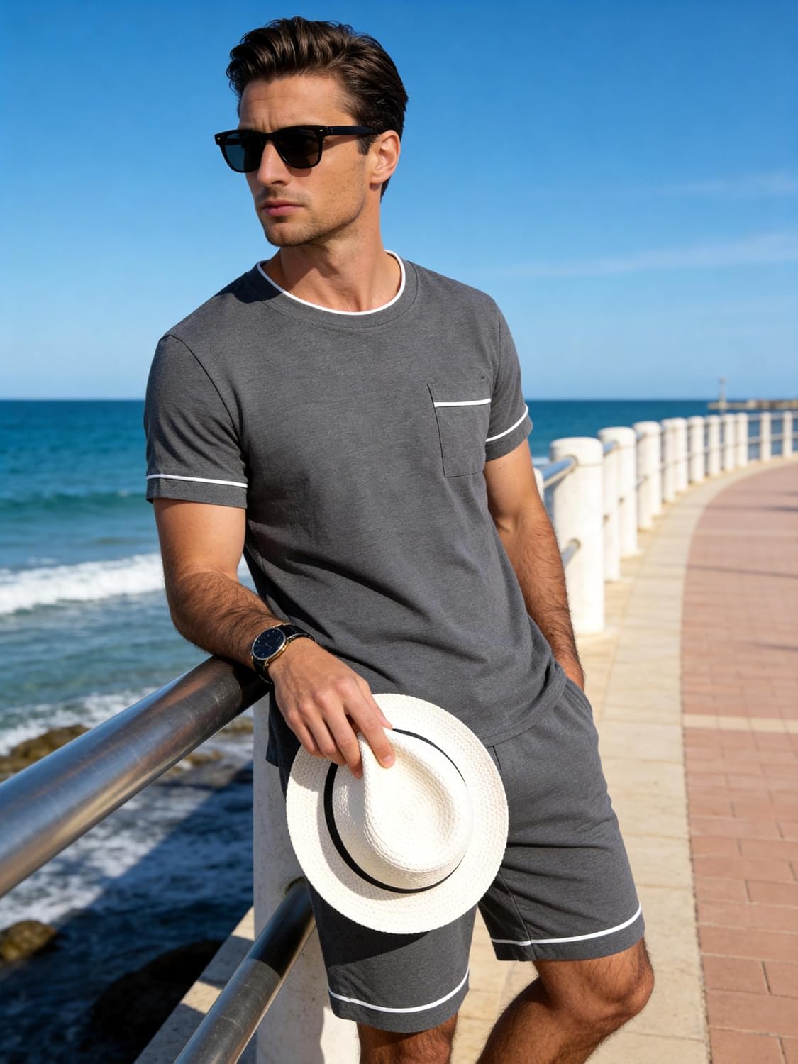 Mens Pajamas Set Cotton Shorts Set Short Sleeve Soft Sleepwear