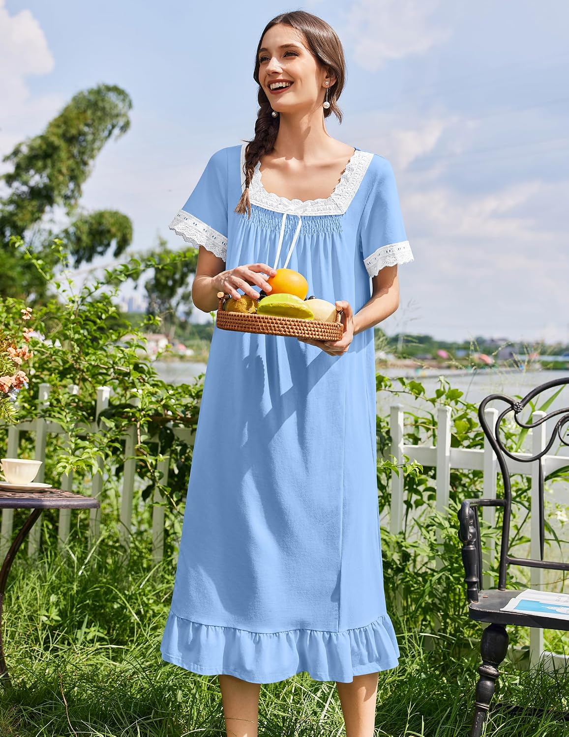 Women Cotton Vintage Victorian Nightgown Short Sleeve Lace