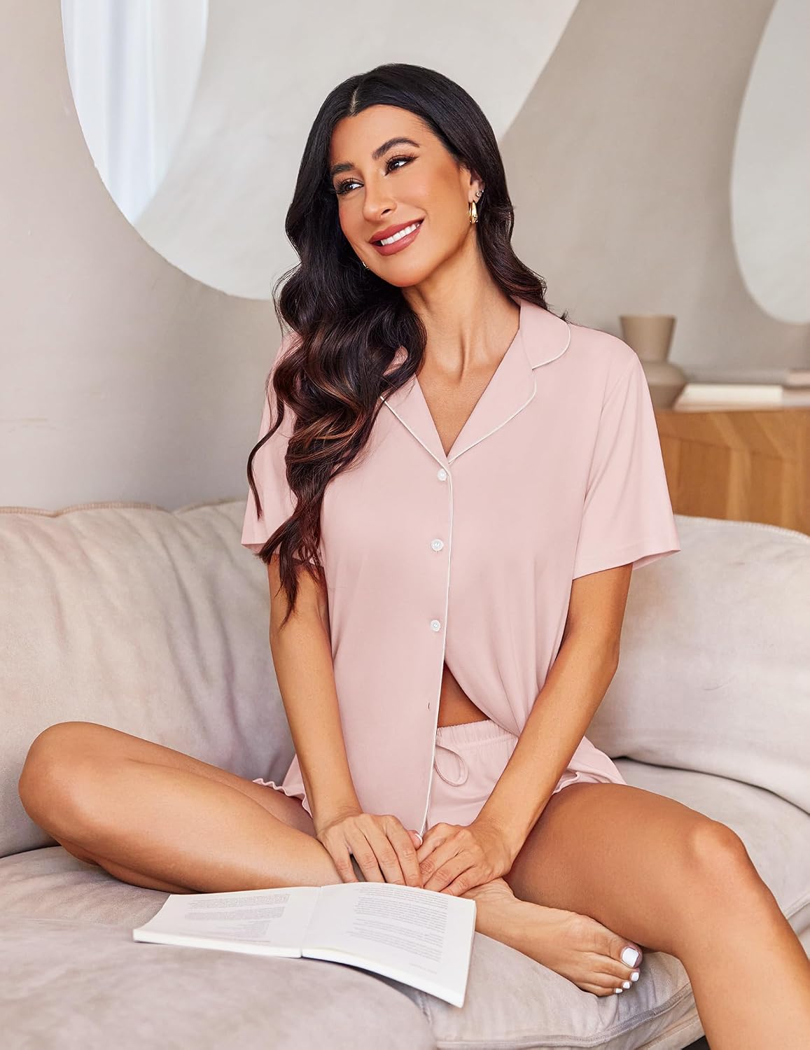 Womens Pajama Sets Button Down Short Sleeve Top and Shorts Ruffled Sleepwear