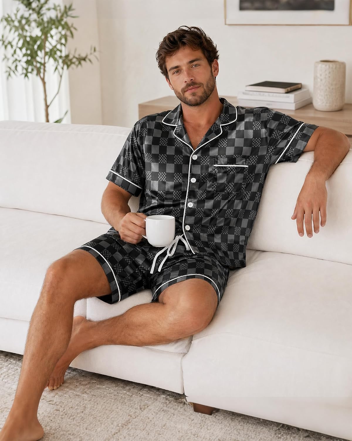 Men’s Summer Satin-Finish Button-Down Pajama Set