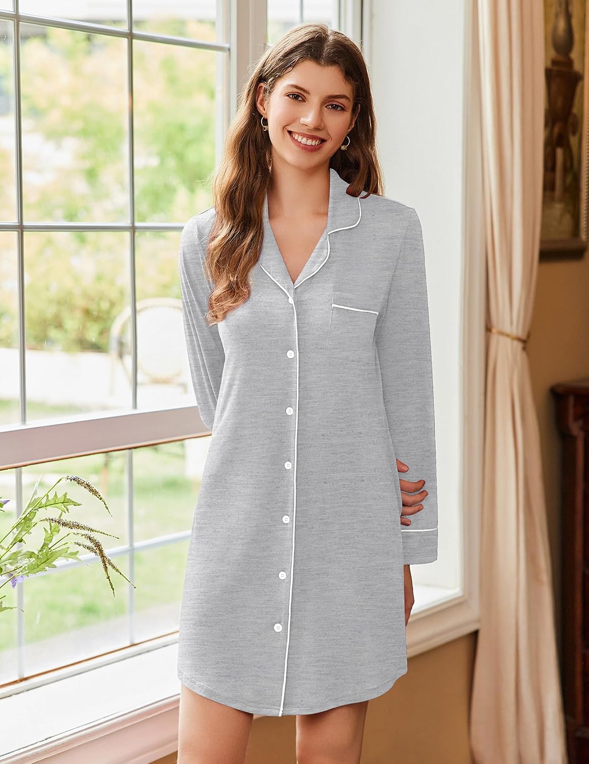 Women’s Button-Front Long-Sleeve Nightshirt