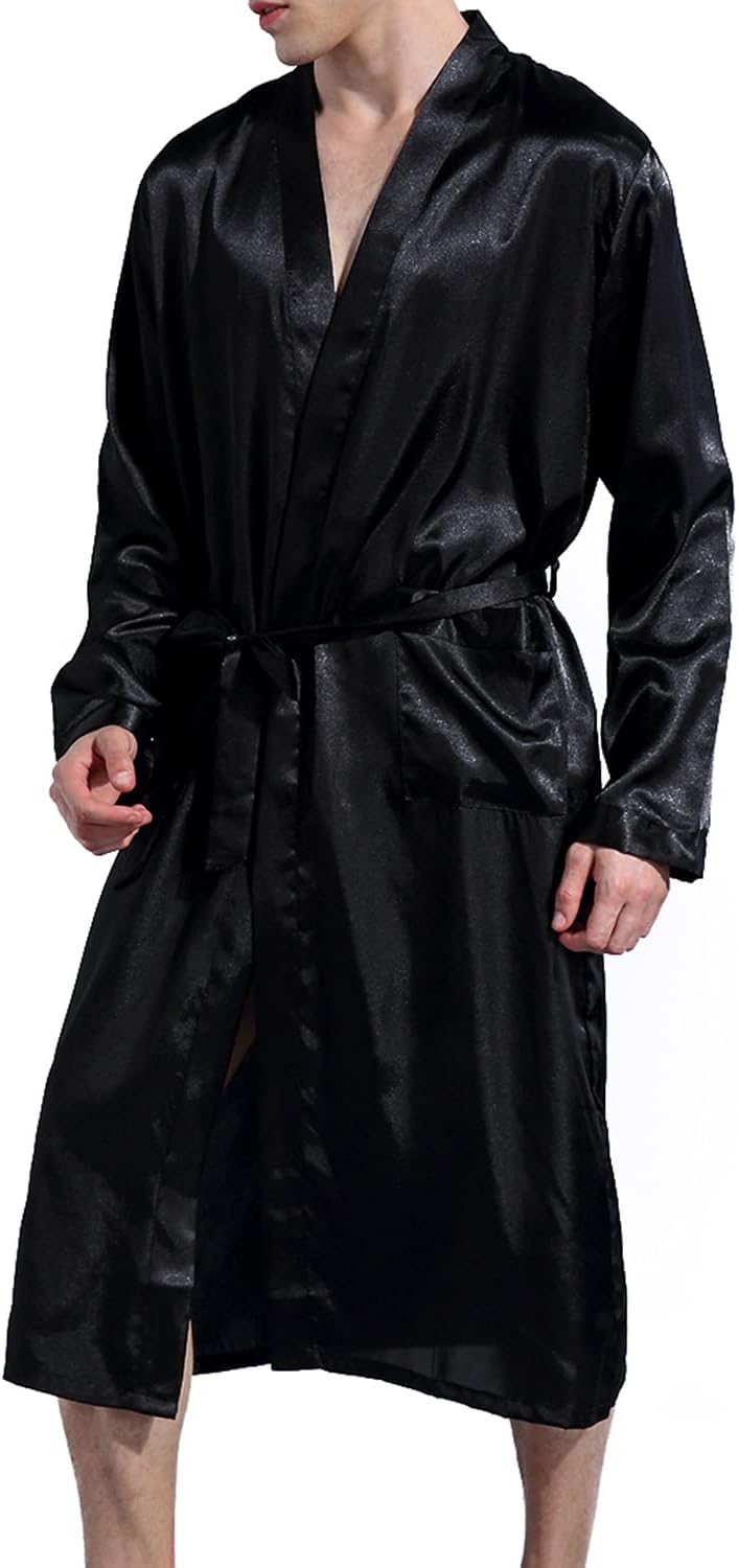 Men's Satin Kimono Robe Silk Long Bathrobe