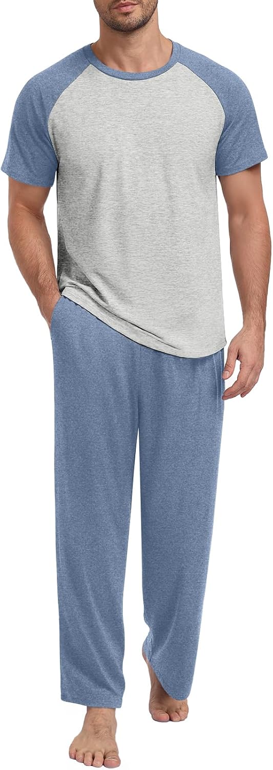 Mens Pajamas Set Lightweight Loungewear Short Sleeve Top and Pants Sleepwear