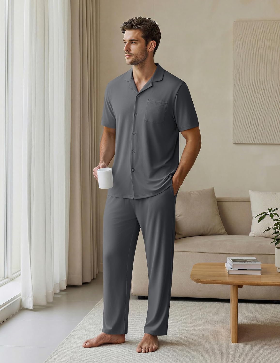 Mens Pajamas Set Short Sleeve Button Down Sleepwear Long Pants Lounge Set with Pocket