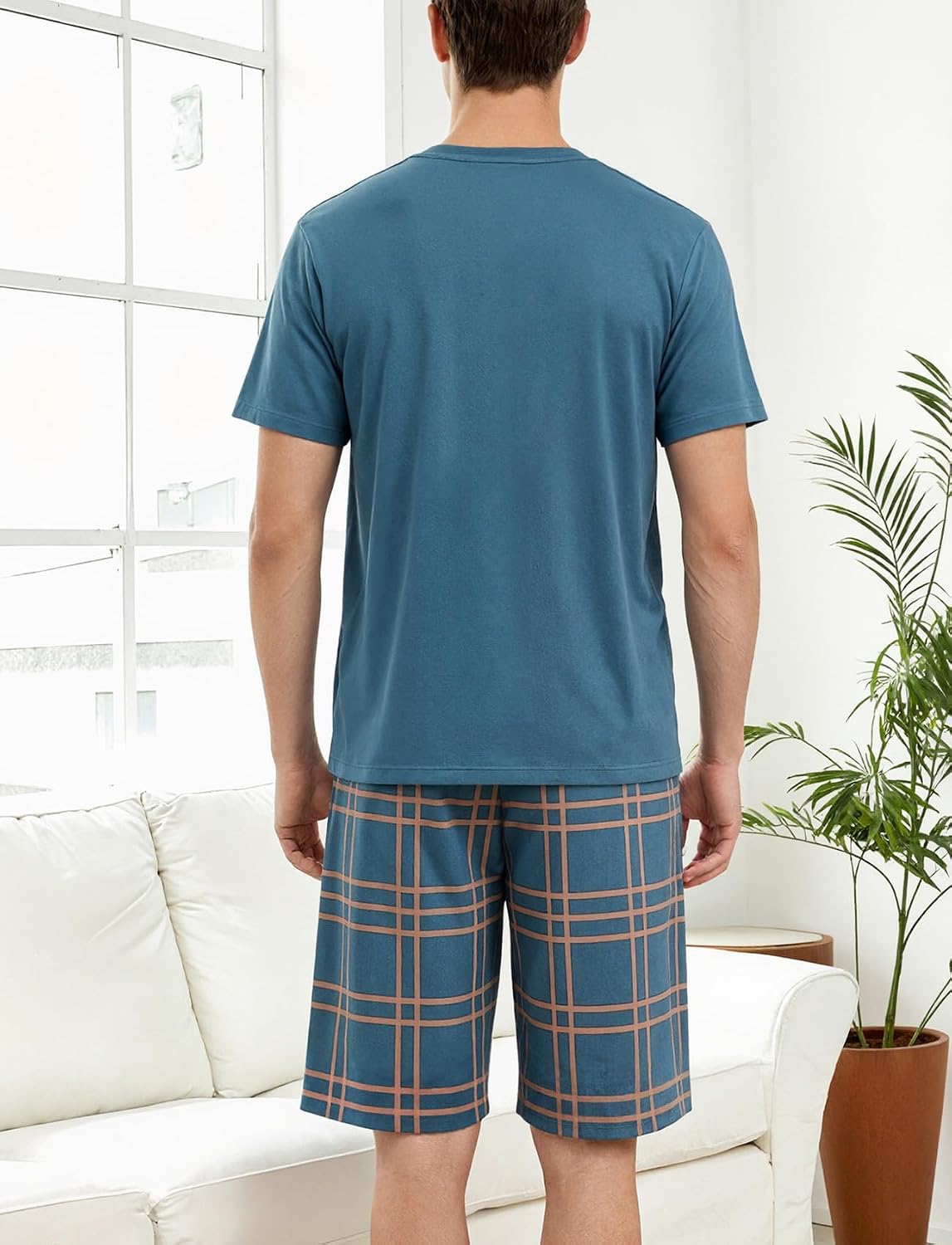 Mens Pajama Set Summer Sleepwear Short Sleeve Plaid Shorts with Pockets