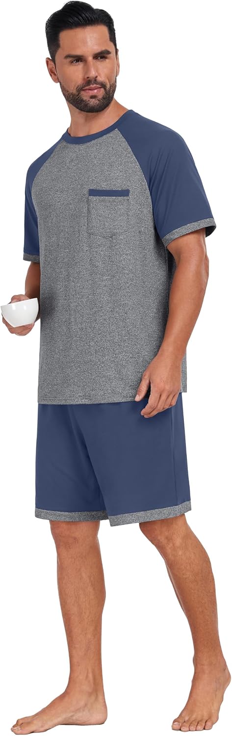 Mens Pajamas Set Lightweight Summer Short Sleeve Sleepwear Loungewear with Pocket