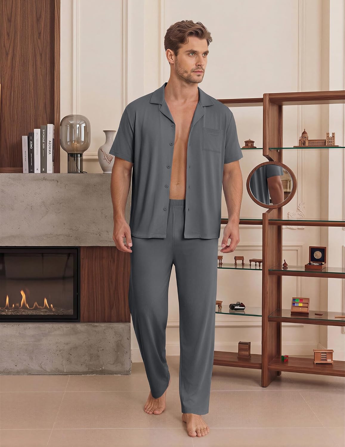Mens Pajamas Set Short Sleeve Button Down Sleepwear Long Pants Lounge Set with Pocket