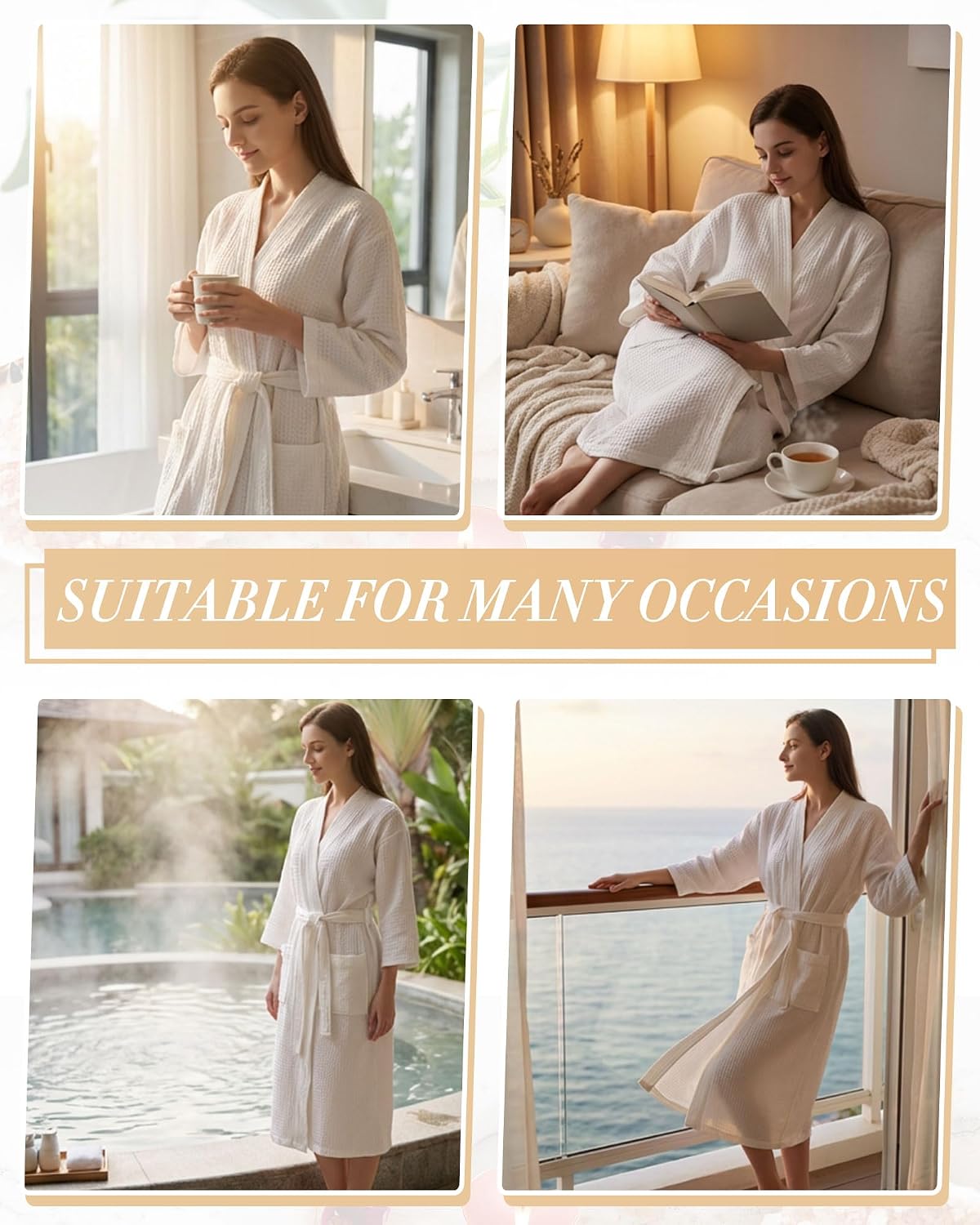 Women's Waffle Knit Spa Robe Kimono Style Lightweight Quick Dry with Belt
