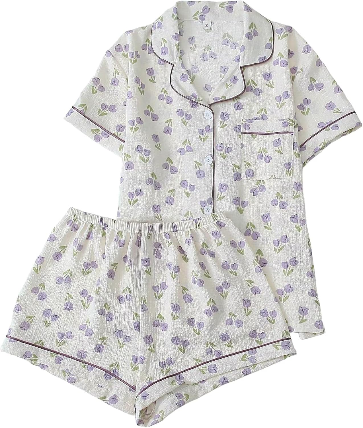 Womens 2 Piece Pajamas Sets Short Sleeve Cute Printed Sleepwear Button Down Shirt with Lounge Shorts Set