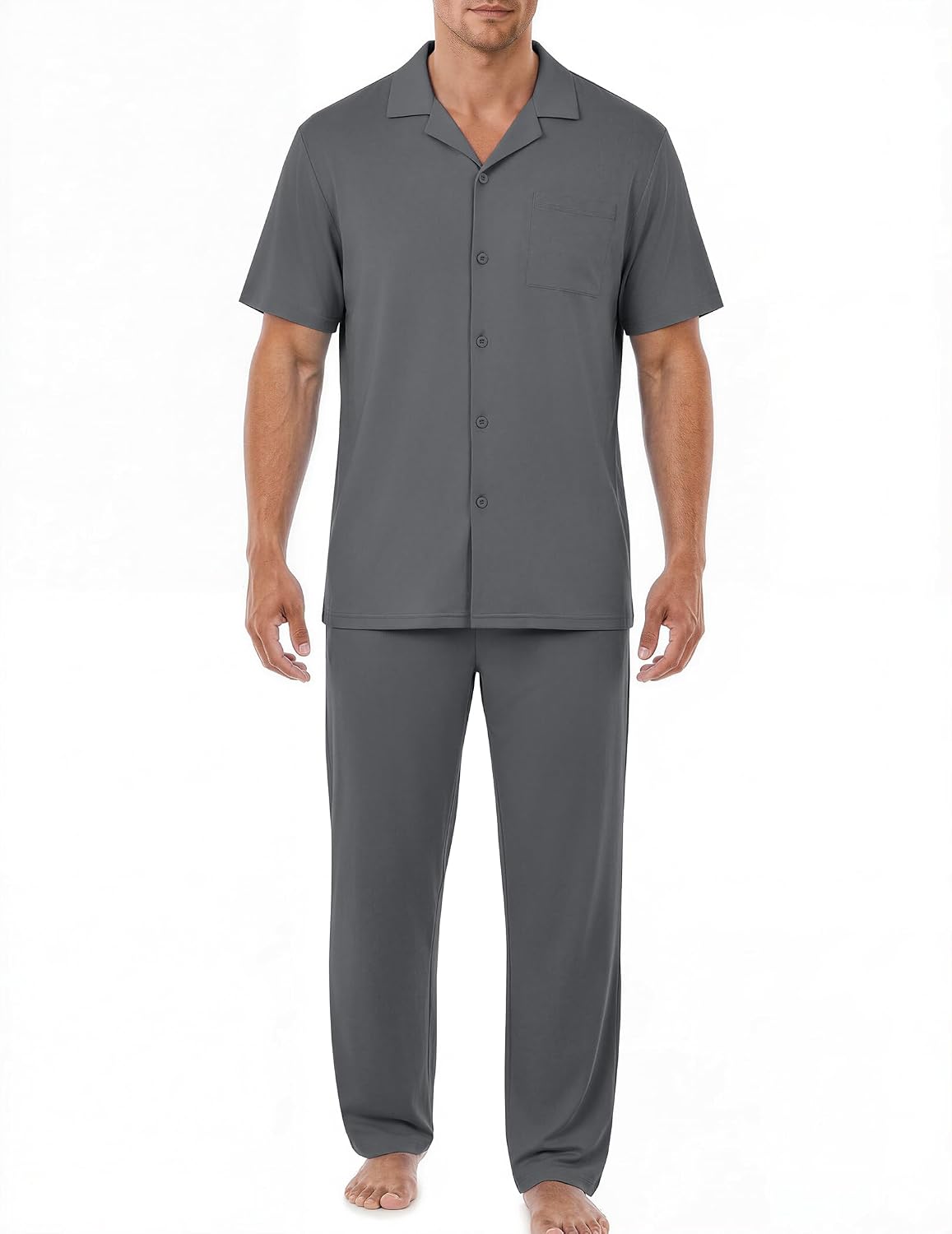 Mens Pajamas Set Short Sleeve Button Down Sleepwear Long Pants Lounge Set with Pocket