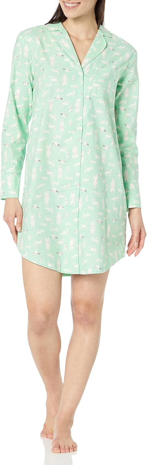 Women Woven Flannel Notch Collar Nightgown