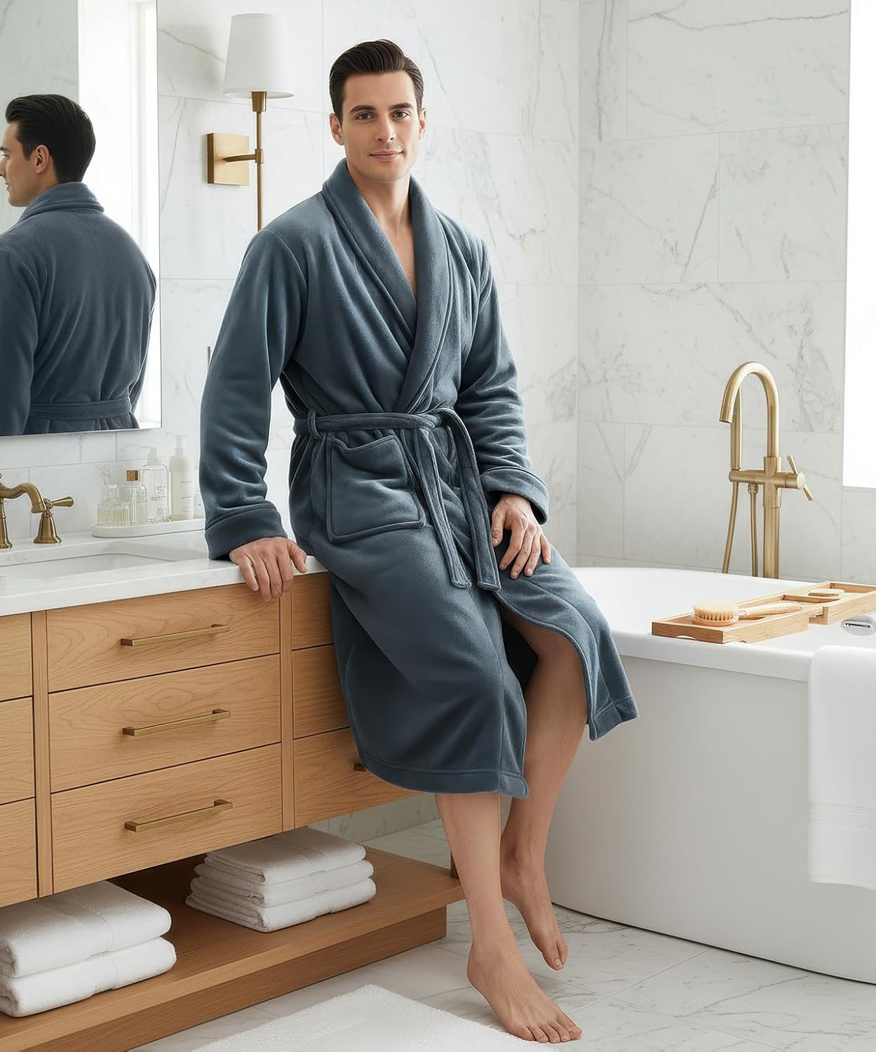 Men's Plush Fleece Long Bathrobe