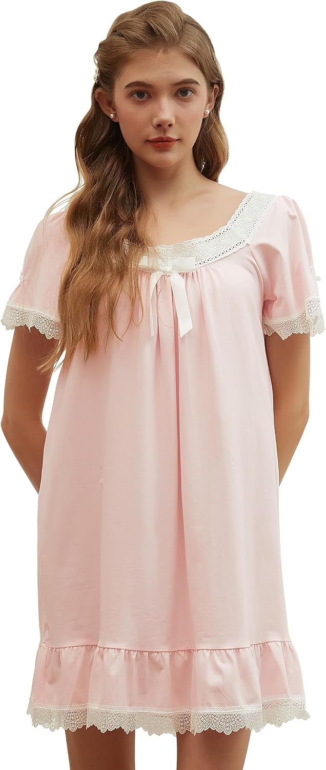 Women Cotton Victorian Nightgown Short Sleeve Nightwear
