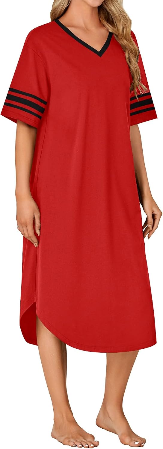 Women V Neck Short Sleeve Nightgown Sleep Shirt Loungewear