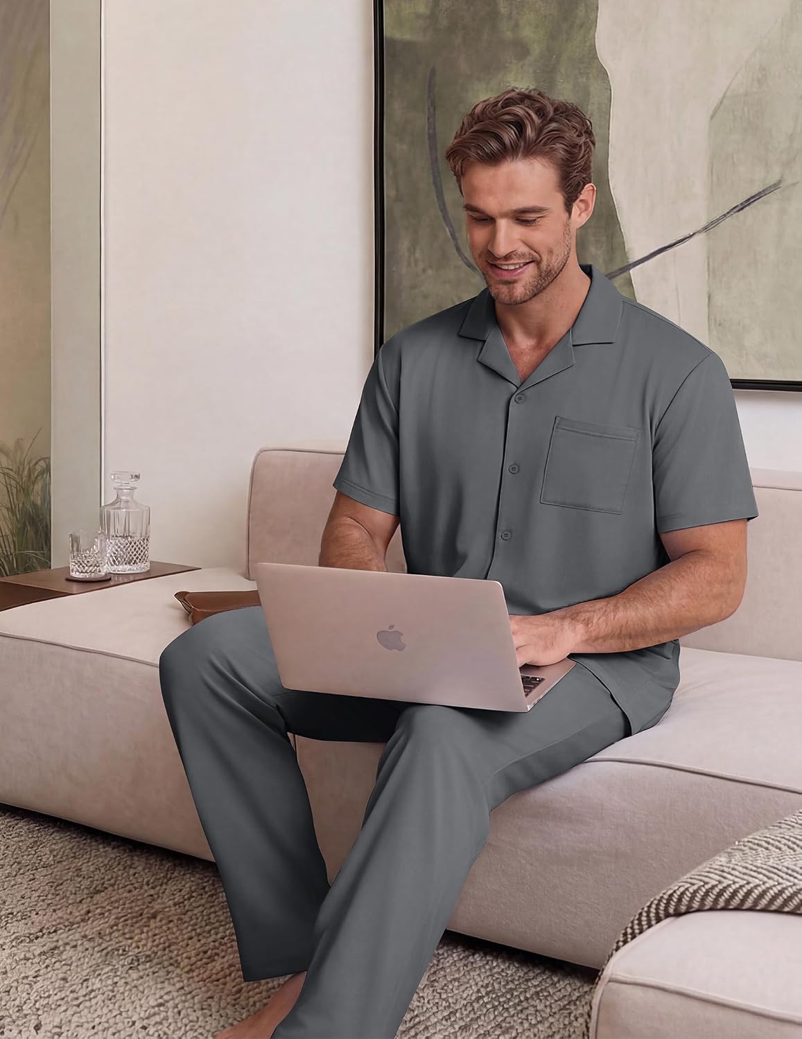 Mens Pajamas Set Short Sleeve Button Down Sleepwear Long Pants Lounge Set with Pocket