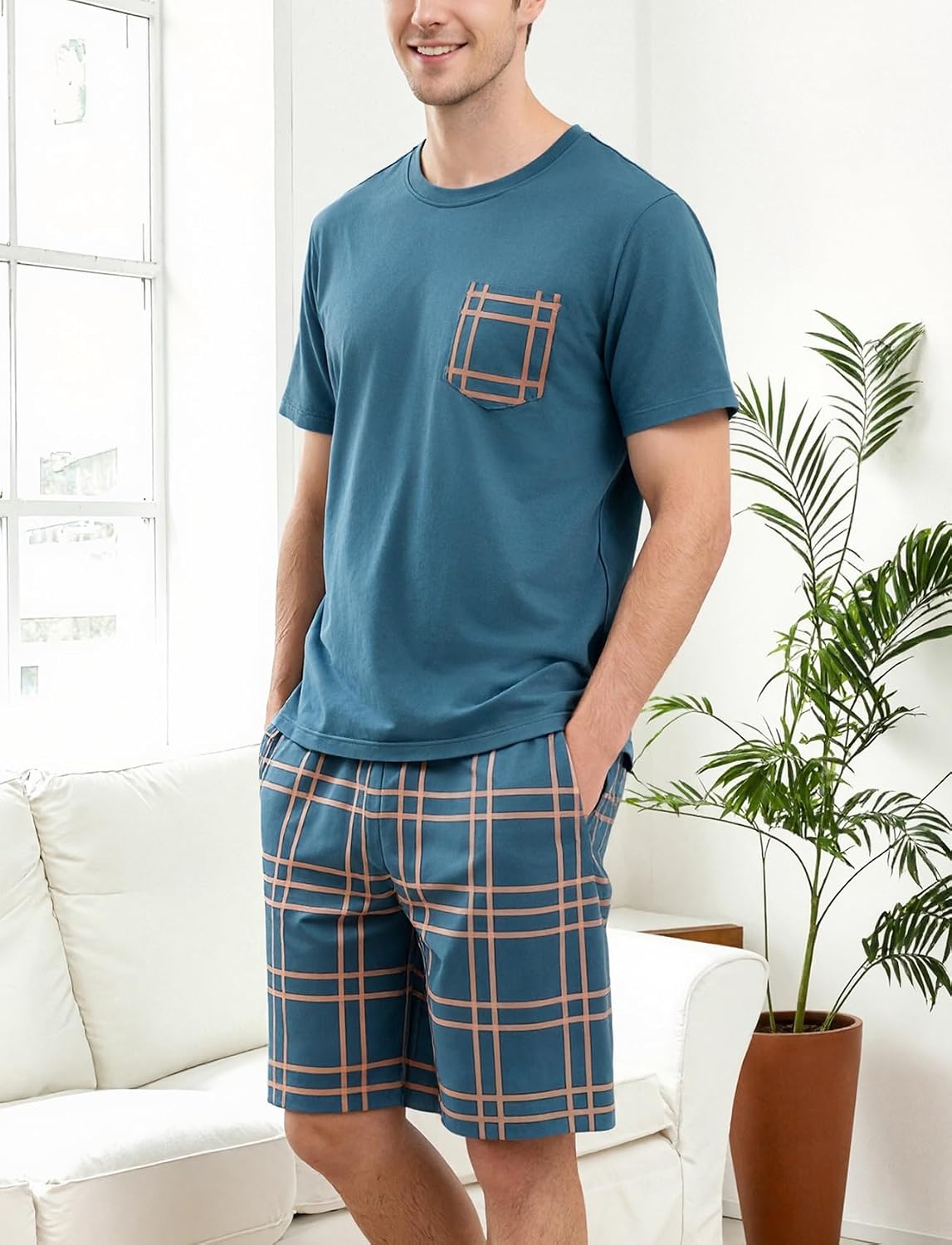 Mens Pajama Set Summer Sleepwear Short Sleeve Plaid Shorts with Pockets