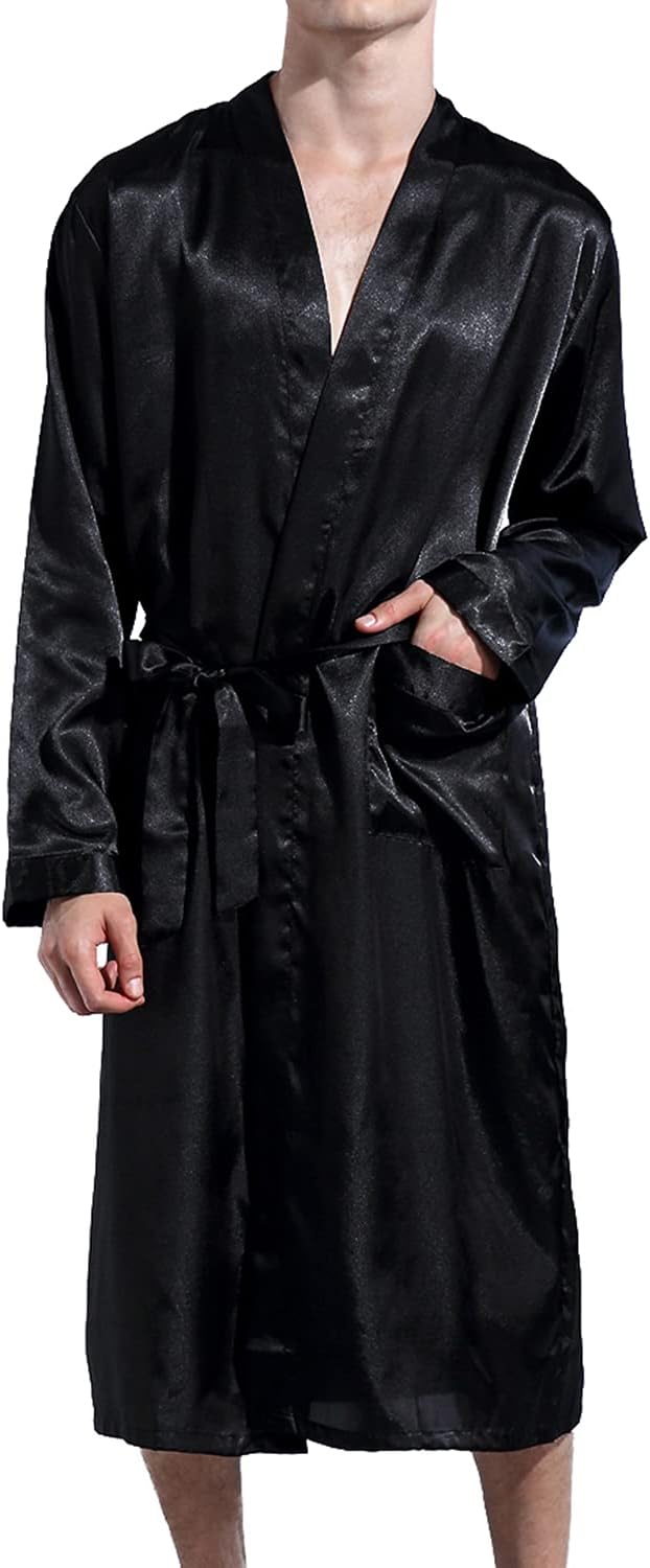 Men's Satin Kimono Robe Silk Long Bathrobe