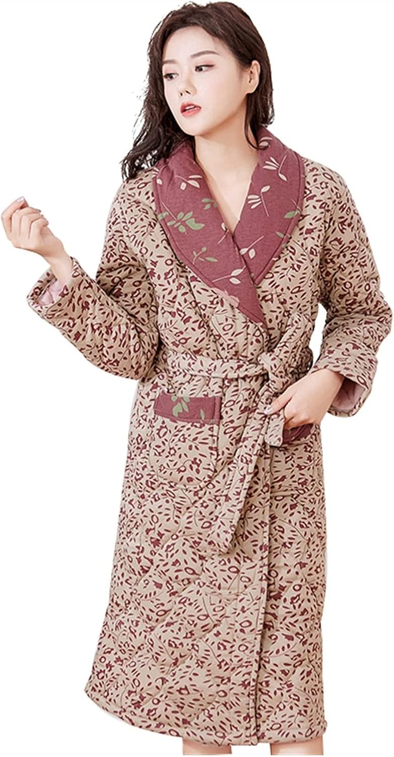 Women's Winter Warm Cotton Quilted Bathrobe Kimono Floral Dressing Gown