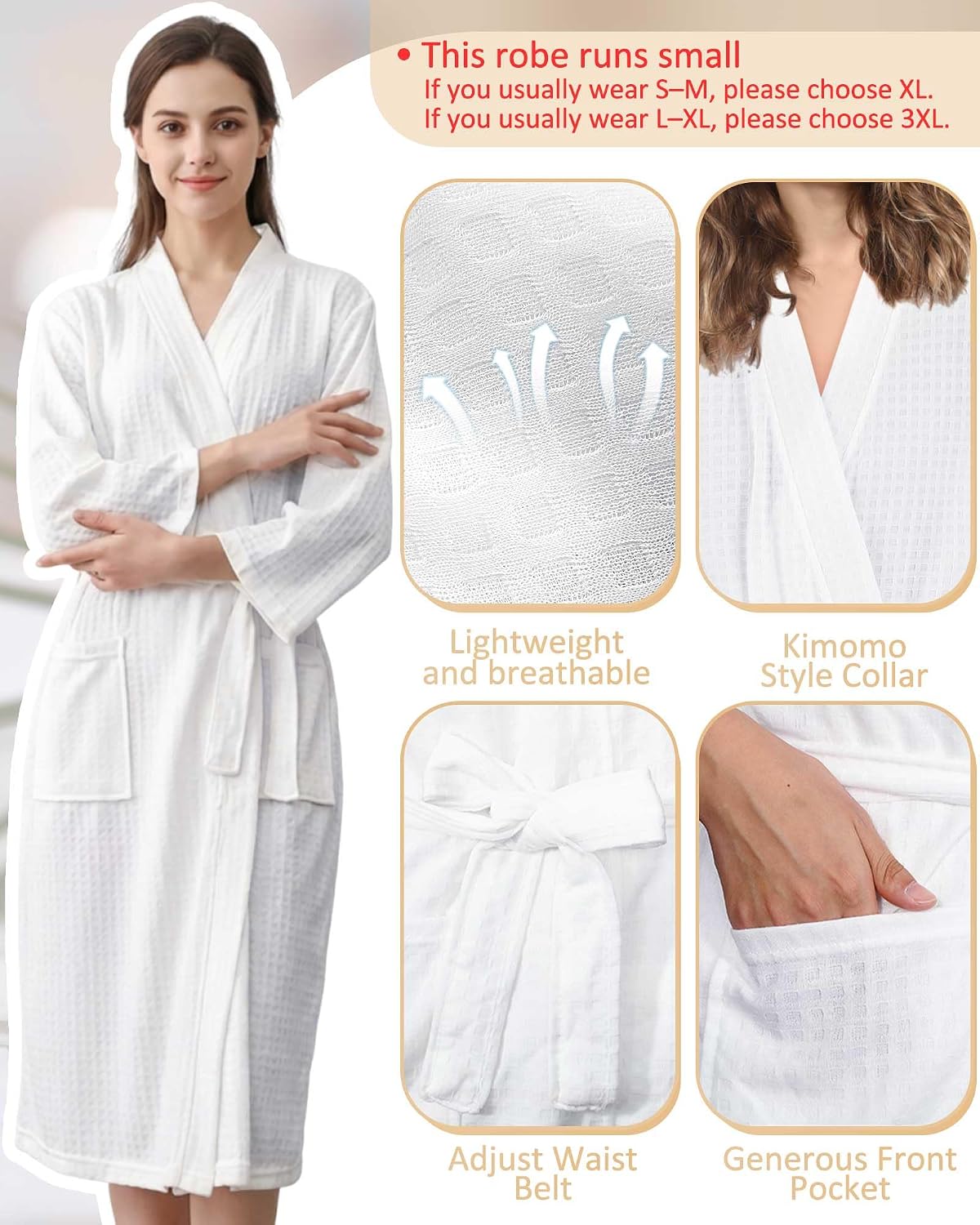 Women's Waffle Knit Spa Robe Kimono Style Lightweight Quick Dry with Belt