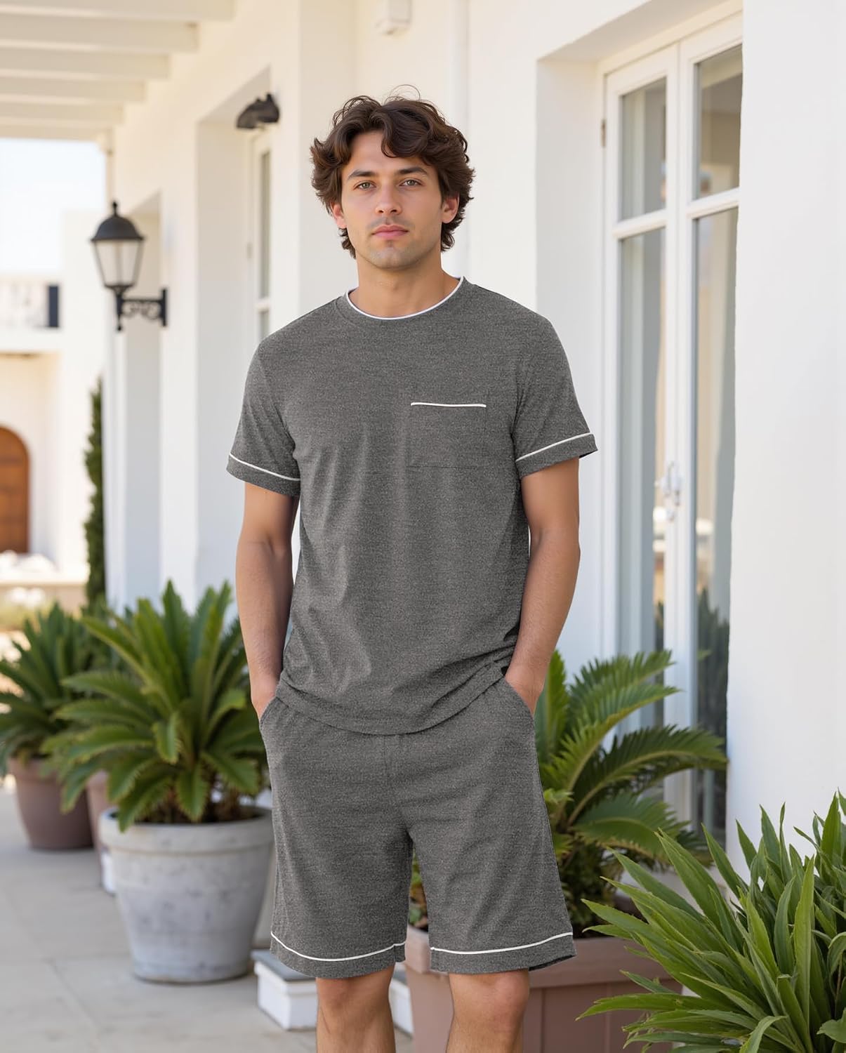 Mens Pajamas Set Cotton Shorts Set Short Sleeve Soft Sleepwear
