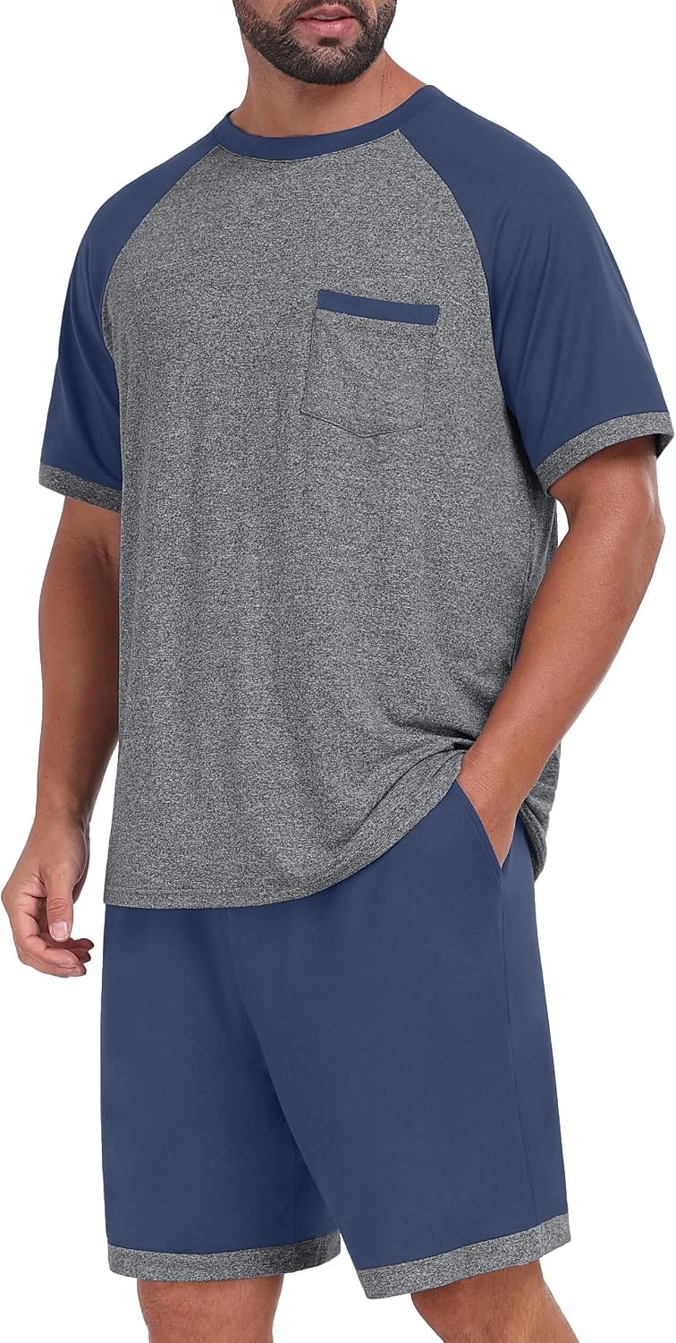 Mens Pajamas Set Lightweight Summer Short Sleeve Sleepwear Loungewear with Pocket